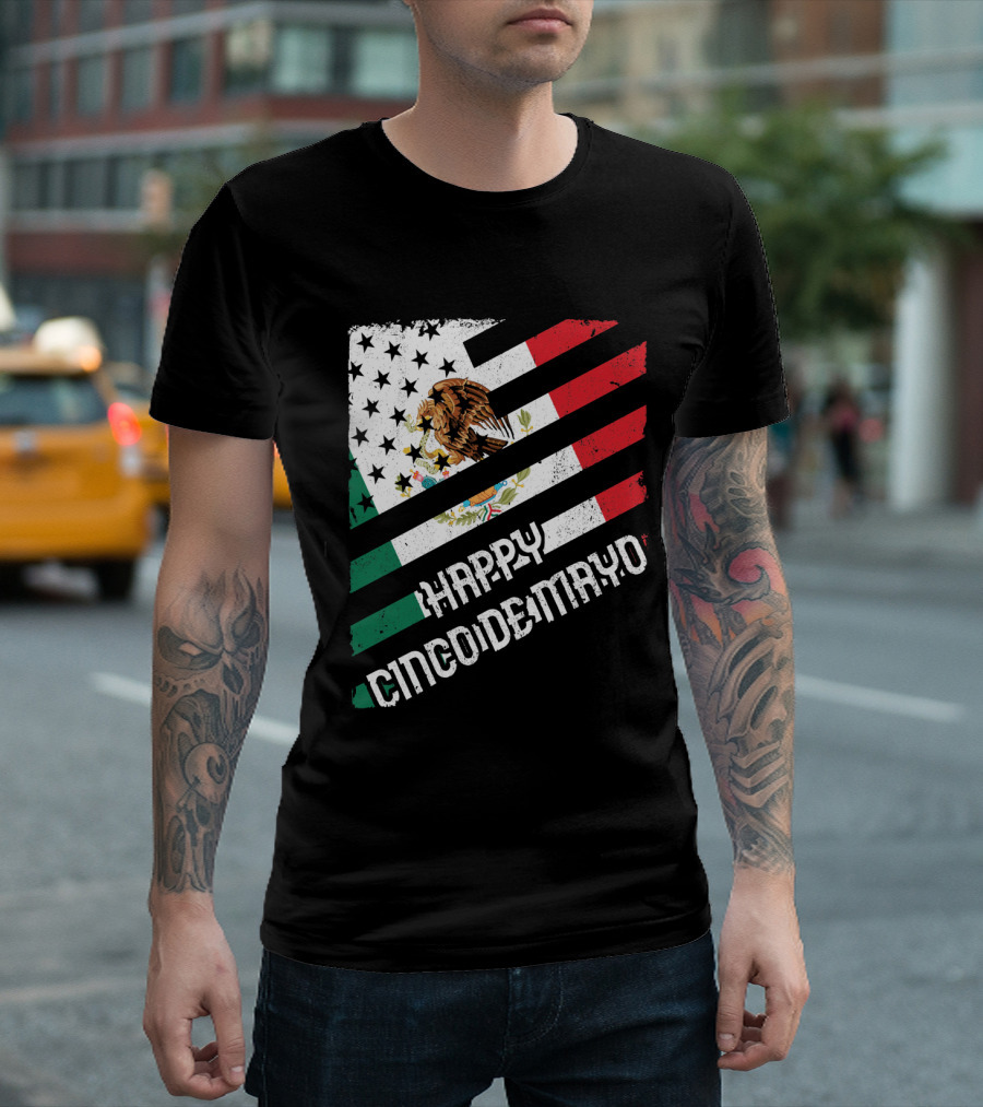 Cinco De Mayo Happy Mexico US Flag Eagle Stripes T-Shirt