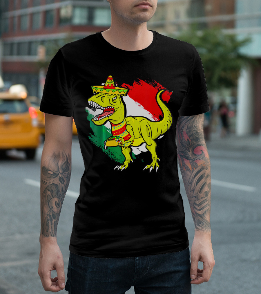 Tacosaurus Rex Sombrero Mexican Flag Cinco De Mayo Mexican Pride T-Shirt