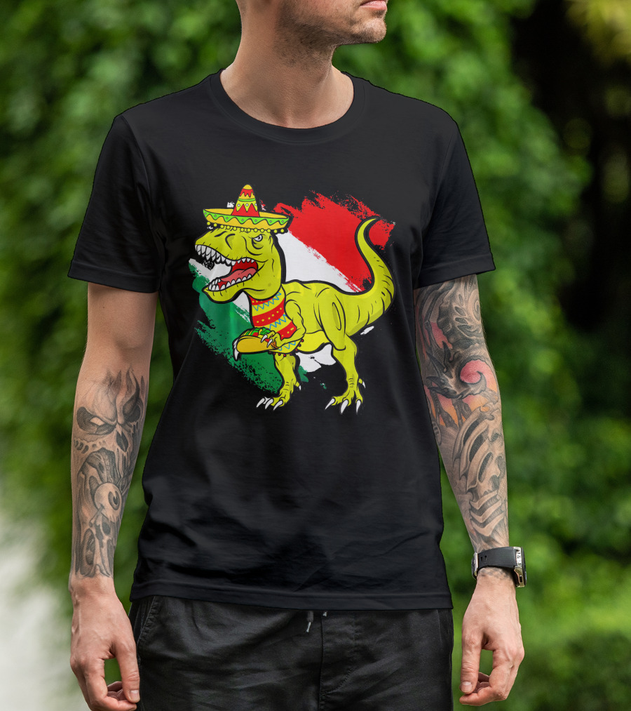 Tacosaurus Rex Sombrero Mexican Flag Cinco De Mayo Mexican Pride T-Shirt