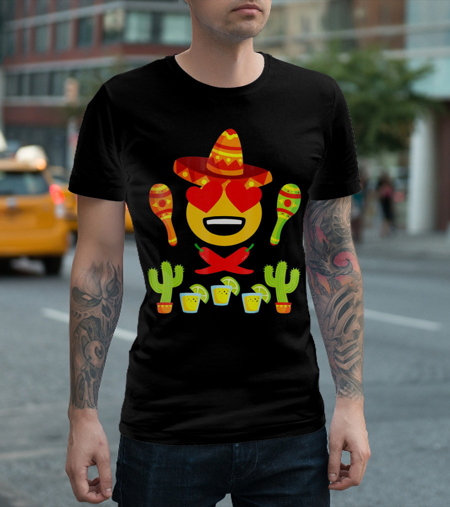 Fiesta Cinco De Mayo Emoji Heart Eyes Sombrero Maracas Cactus Peppers Margaritas T-Shirt