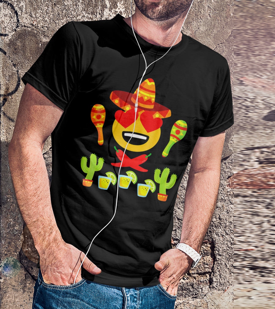 Fiesta Cinco De Mayo Emoji Heart Eyes Sombrero Maracas Cactus Peppers Margaritas T-Shirt