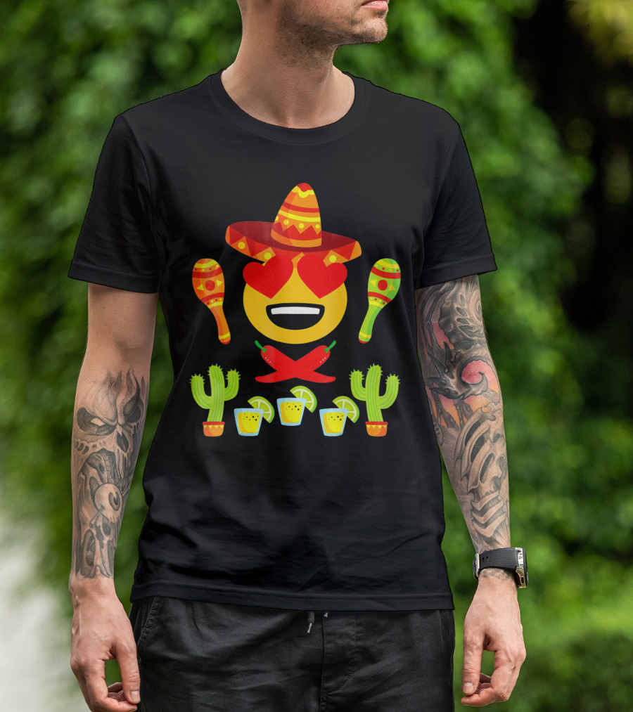 Fiesta Cinco De Mayo Emoji Heart Eyes Sombrero Maracas Cactus Peppers Margaritas T-Shirt