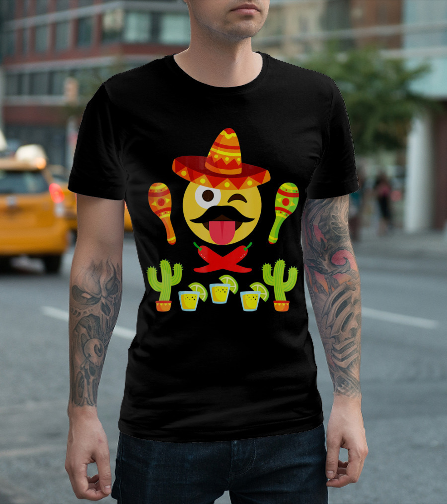 Cinco De Mayo Winking Emoji Sombrero Maracas Cactus Tequila Peppers T-Shirt