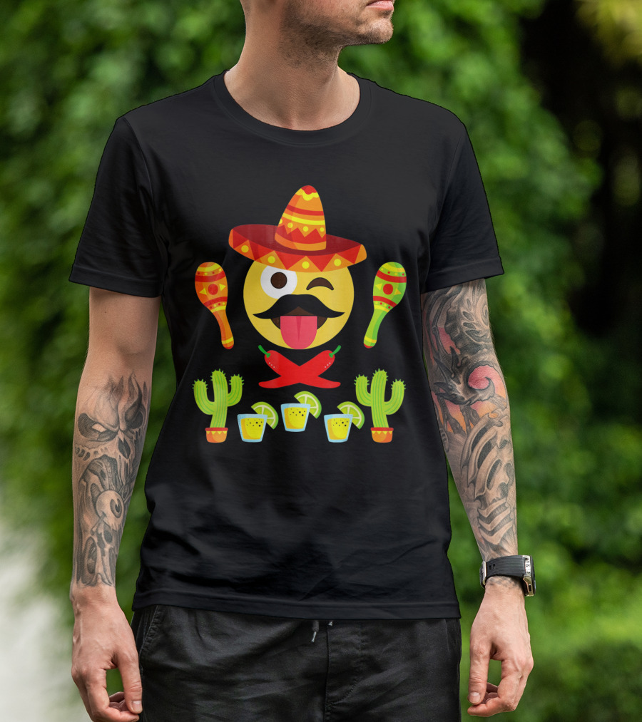 Cinco De Mayo Winking Emoji Sombrero Maracas Cactus Tequila Peppers T-Shirt