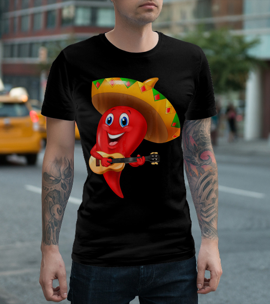 Cute Chili Pepper Wearing Sombrero Playing Guitar Mexico T-Shirt