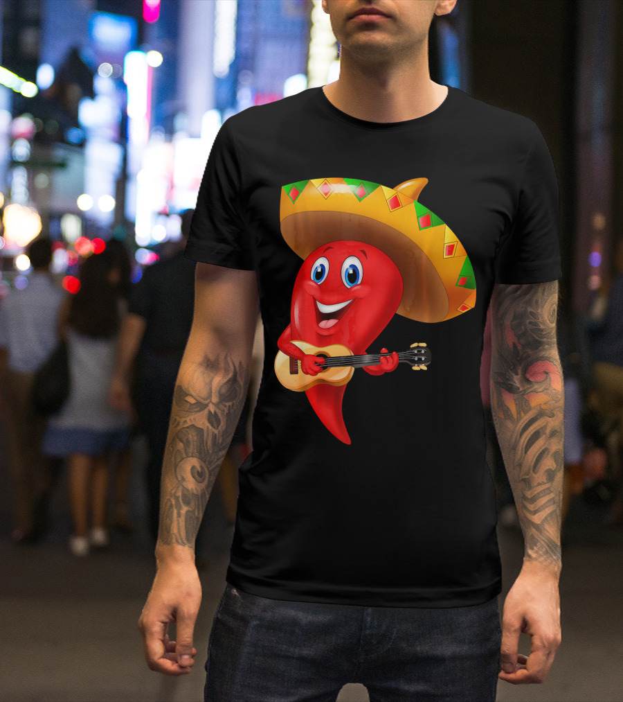 Cute Chili Pepper Wearing Sombrero Playing Guitar Mexico T-Shirt
