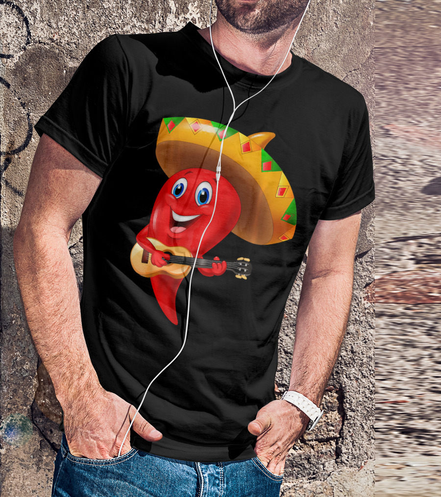 Cute Chili Pepper Wearing Sombrero Playing Guitar Mexico T-Shirt