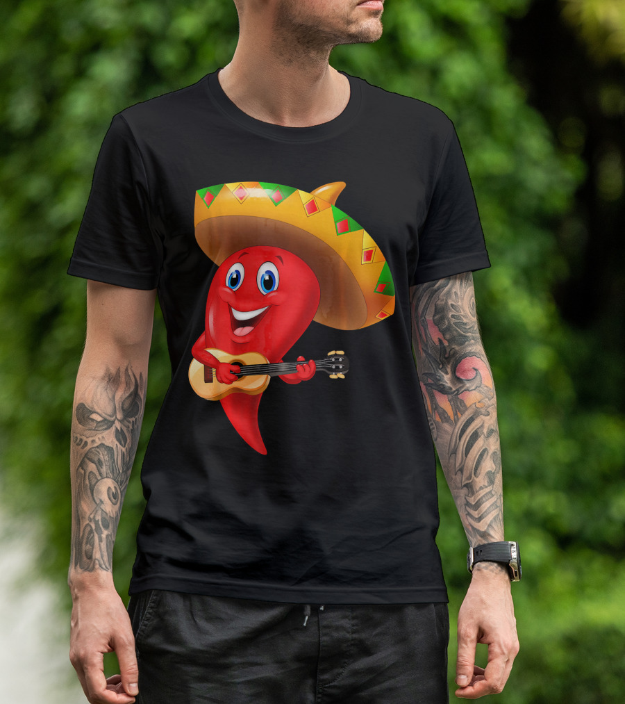 Cute Chili Pepper Wearing Sombrero Playing Guitar Mexico T-Shirt