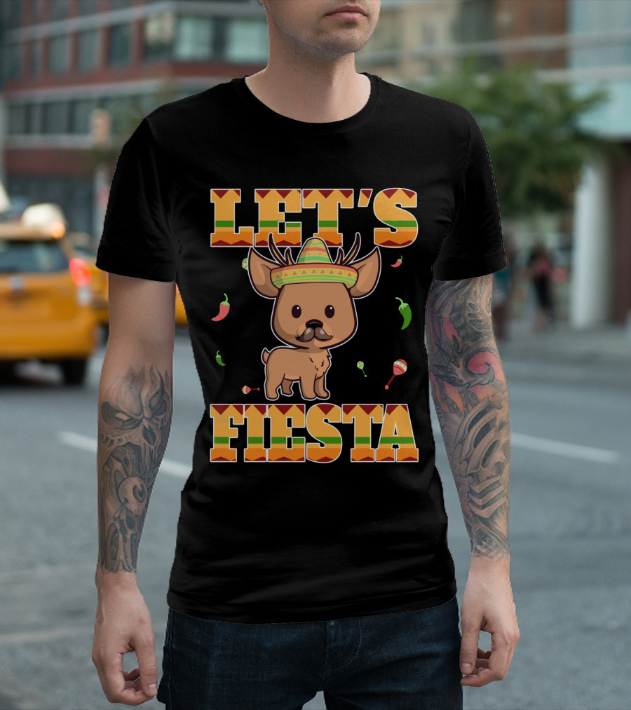 Let's Fiesta Deer Cinco De Mayo Mexican Sombrero Peppers Maracas T-Shirt