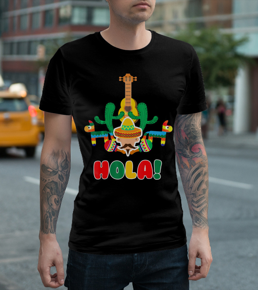 Hola Mexican Sombrero Guitar Cactus Piñata Fiesta T-Shirt