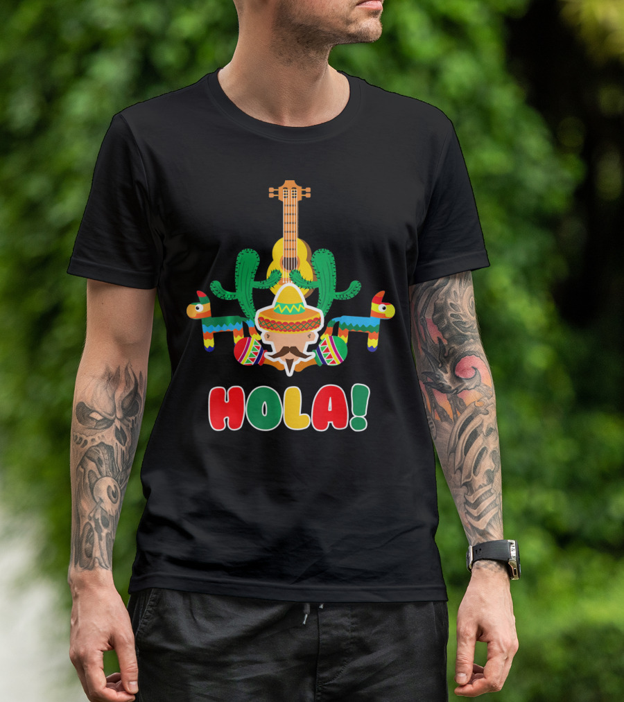 Hola Mexican Sombrero Guitar Cactus Piñata Fiesta T-Shirt