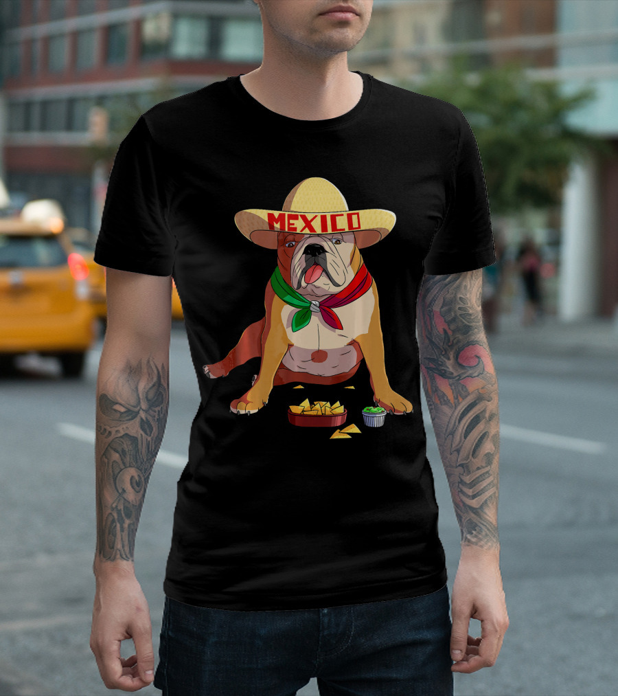 Cinco De Mayo Mexican Bulldog Wearing Sombrero With Chips And Salsa T-Shirt