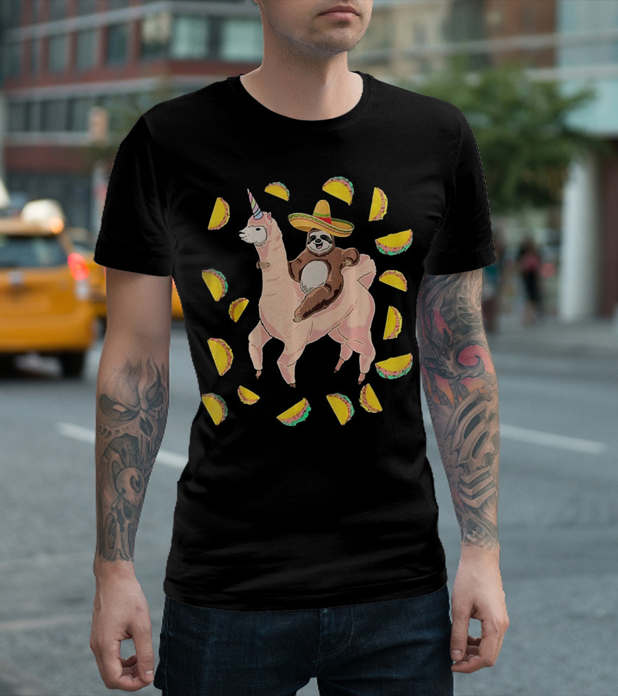 Cinco De Mayo Llamacorn With Sombrero-Wearing Sloth Surrounded By Tacos T-Shirt
