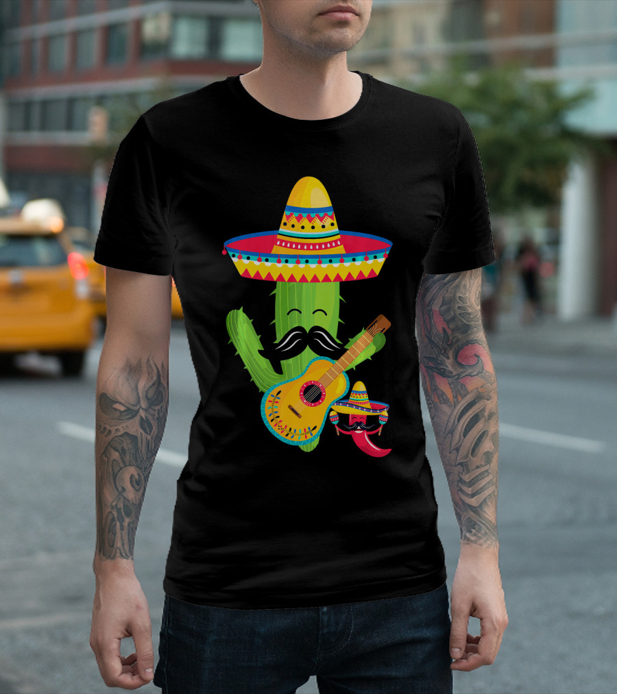 Cute Mustache Cactus With Sombrero Playing Guitar Mexican Fiesta Fun T-Shirt