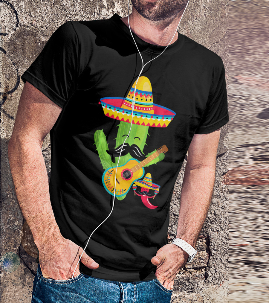 Cute Mustache Cactus With Sombrero Playing Guitar Mexican Fiesta Fun T-Shirt