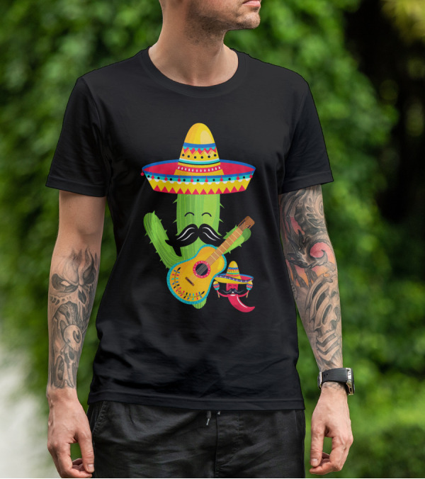 Cute Mustache Cactus With Sombrero Playing Guitar Mexican Fiesta Fun T-Shirt