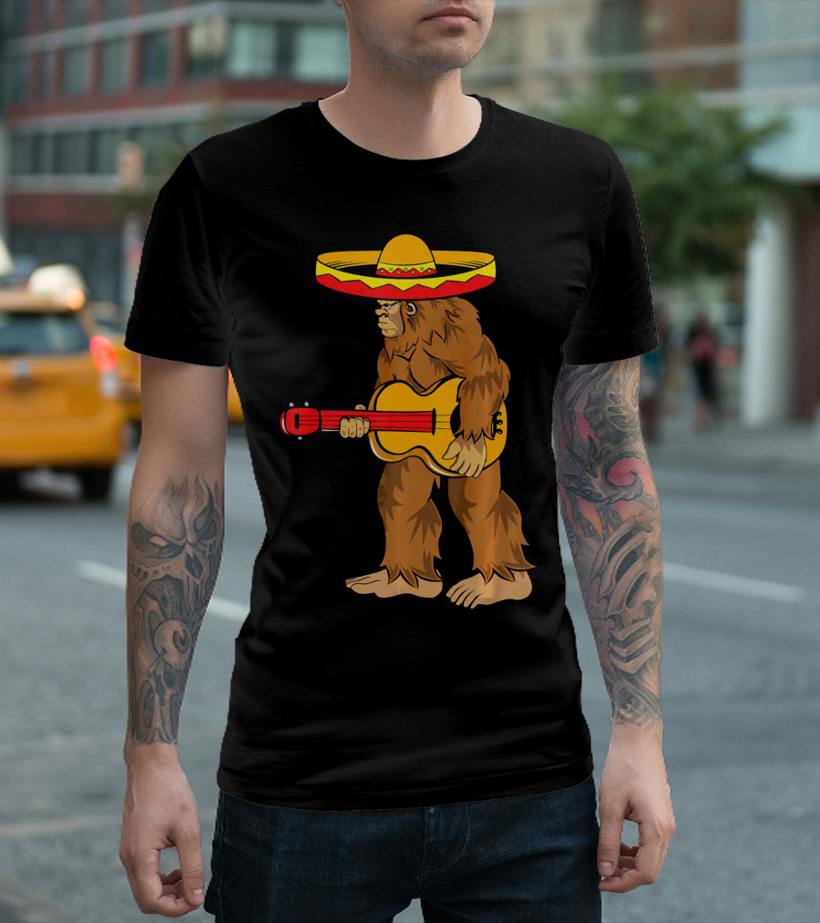 Bigfoot Carrying Guitar Cinco De Mayo Sombrero T-Shirt