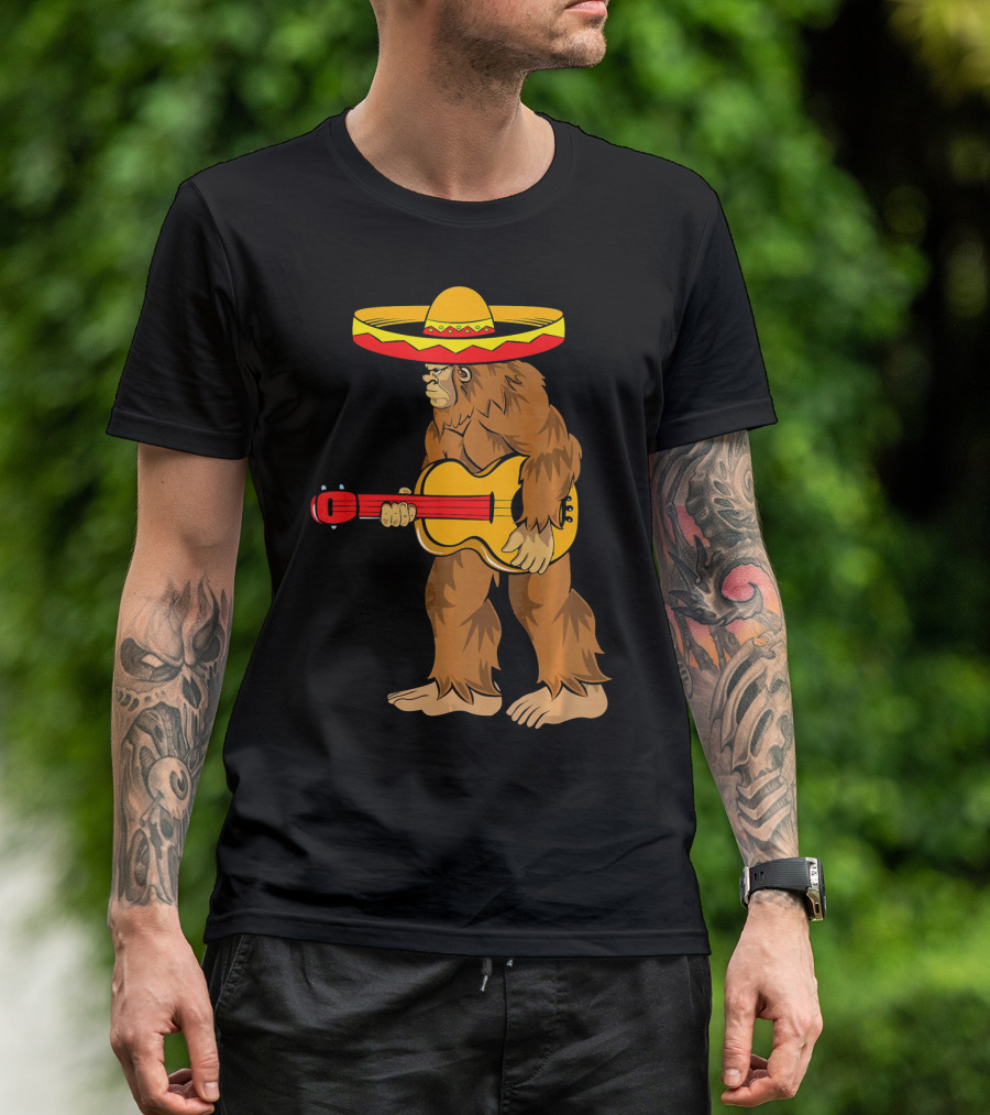 Bigfoot Carrying Guitar Cinco De Mayo Sombrero T-Shirt