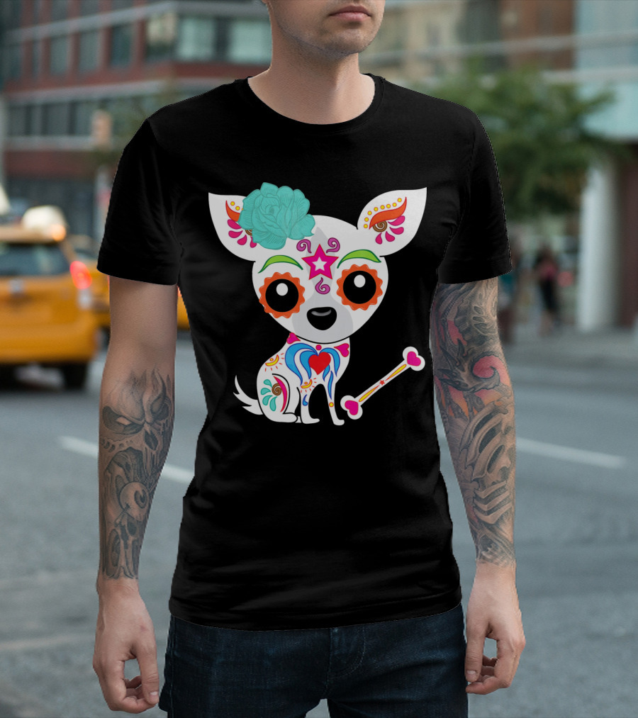 Cinco De Mayo Sugar Skull Chihuahua With Floral Bone And Colorful Flower T-Shirt