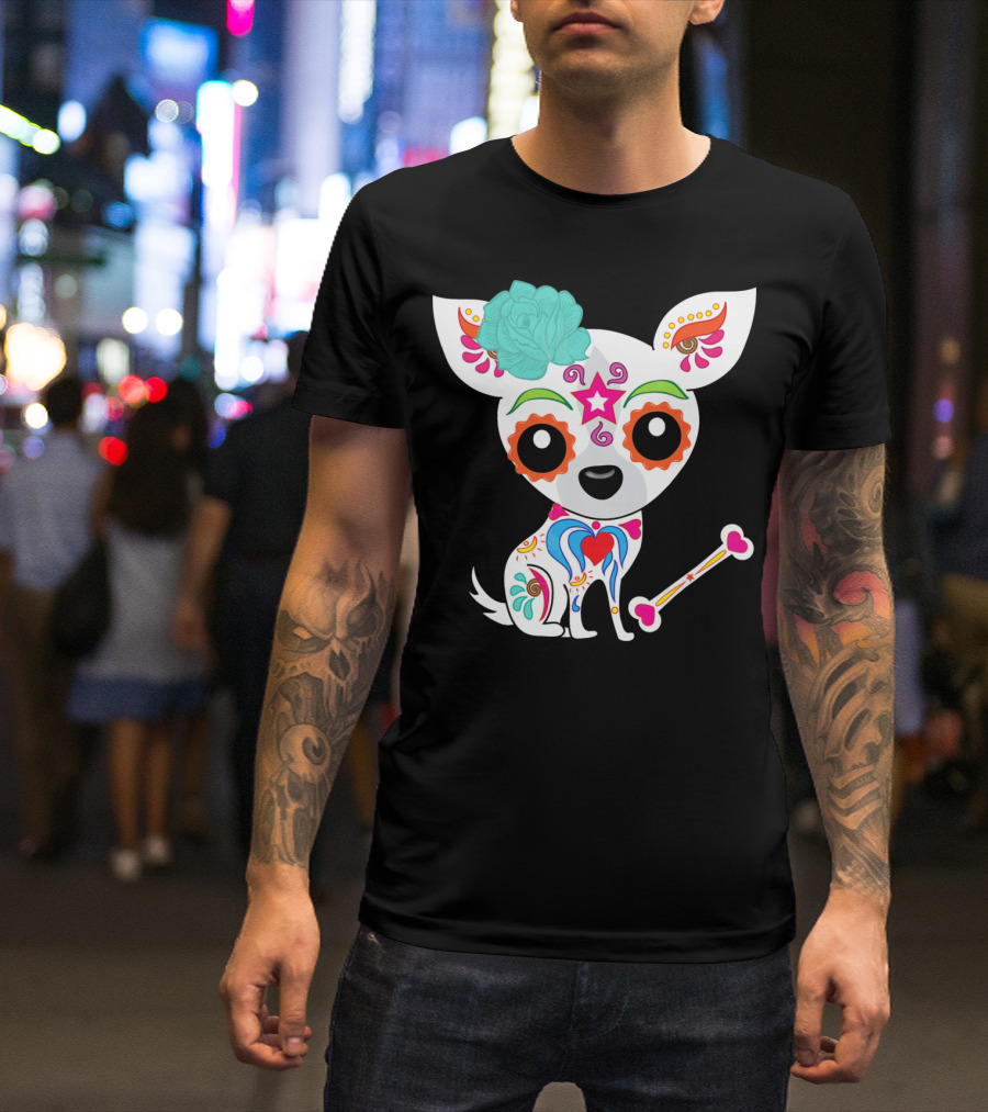Cinco De Mayo Sugar Skull Chihuahua With Floral Bone And Colorful Flower T-Shirt