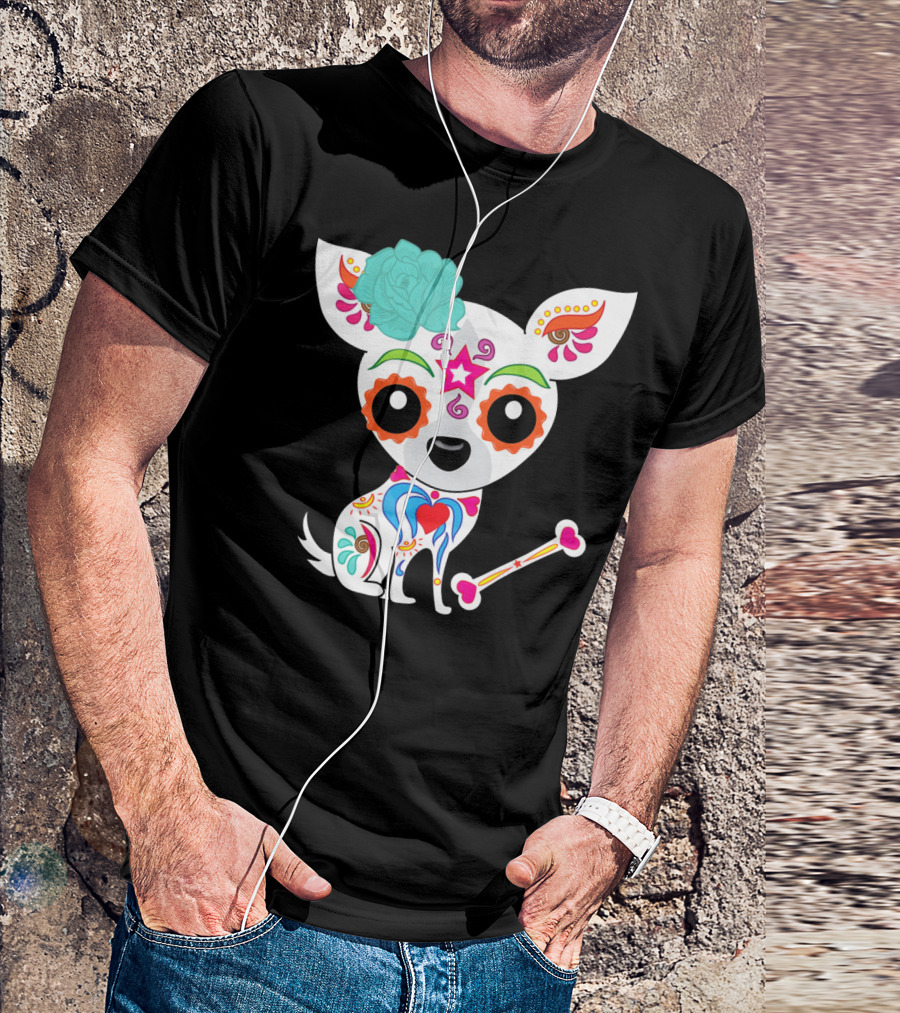 Cinco De Mayo Sugar Skull Chihuahua With Floral Bone And Colorful Flower T-Shirt