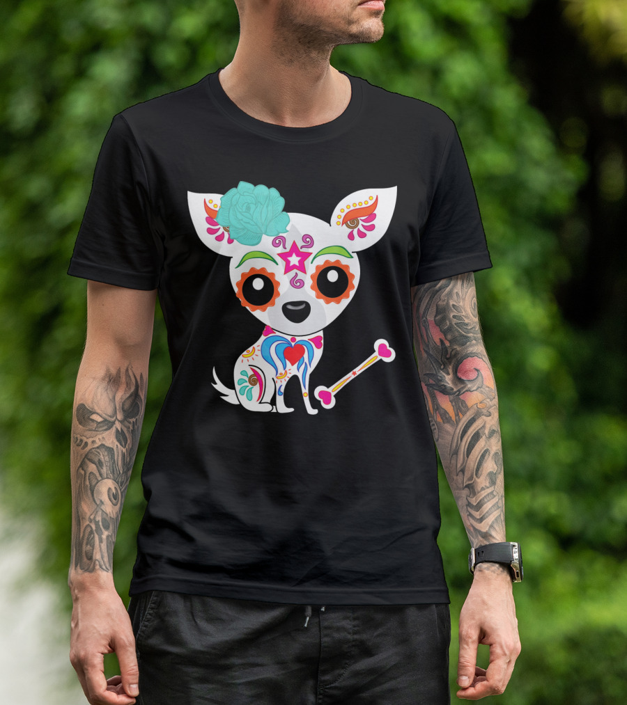 Cinco De Mayo Sugar Skull Chihuahua With Floral Bone And Colorful Flower T-Shirt