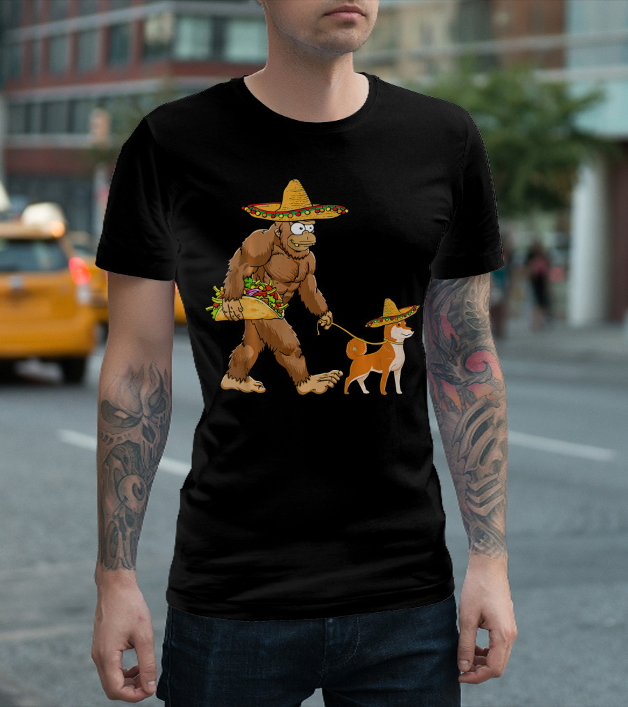 Bigfoot Taco Sombrero Shiba Inu Dog Cinc Walking Cartoon T-Shirt