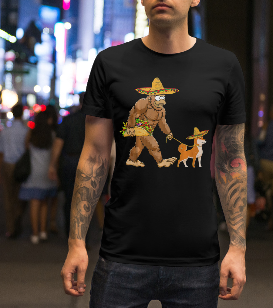Bigfoot Taco Sombrero Shiba Inu Dog Cinc Walking Cartoon T-Shirt