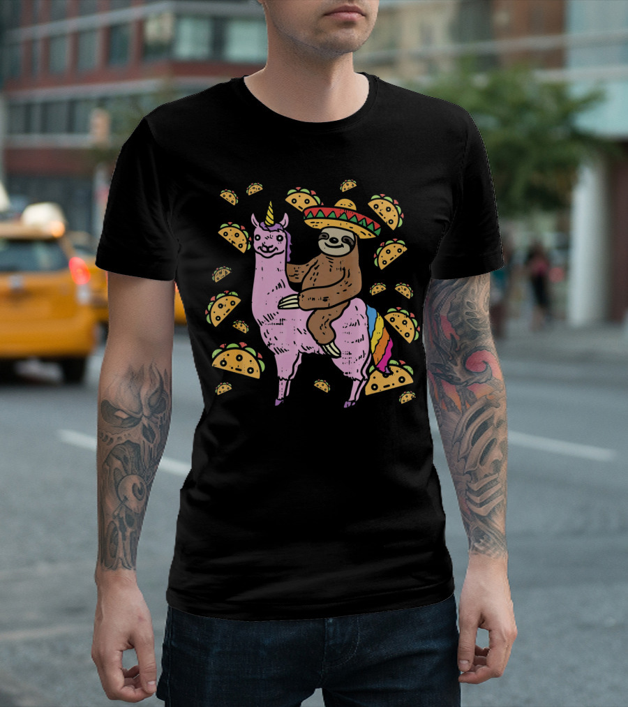 Cinco De Mayo Llamacorn with Sombrero Sloth Surrounded by Tacos T-Shirt