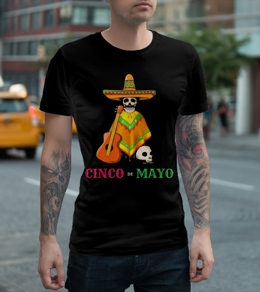 Cinco De Mayo Sombrero Skull Poncho Guitar T-Shirt