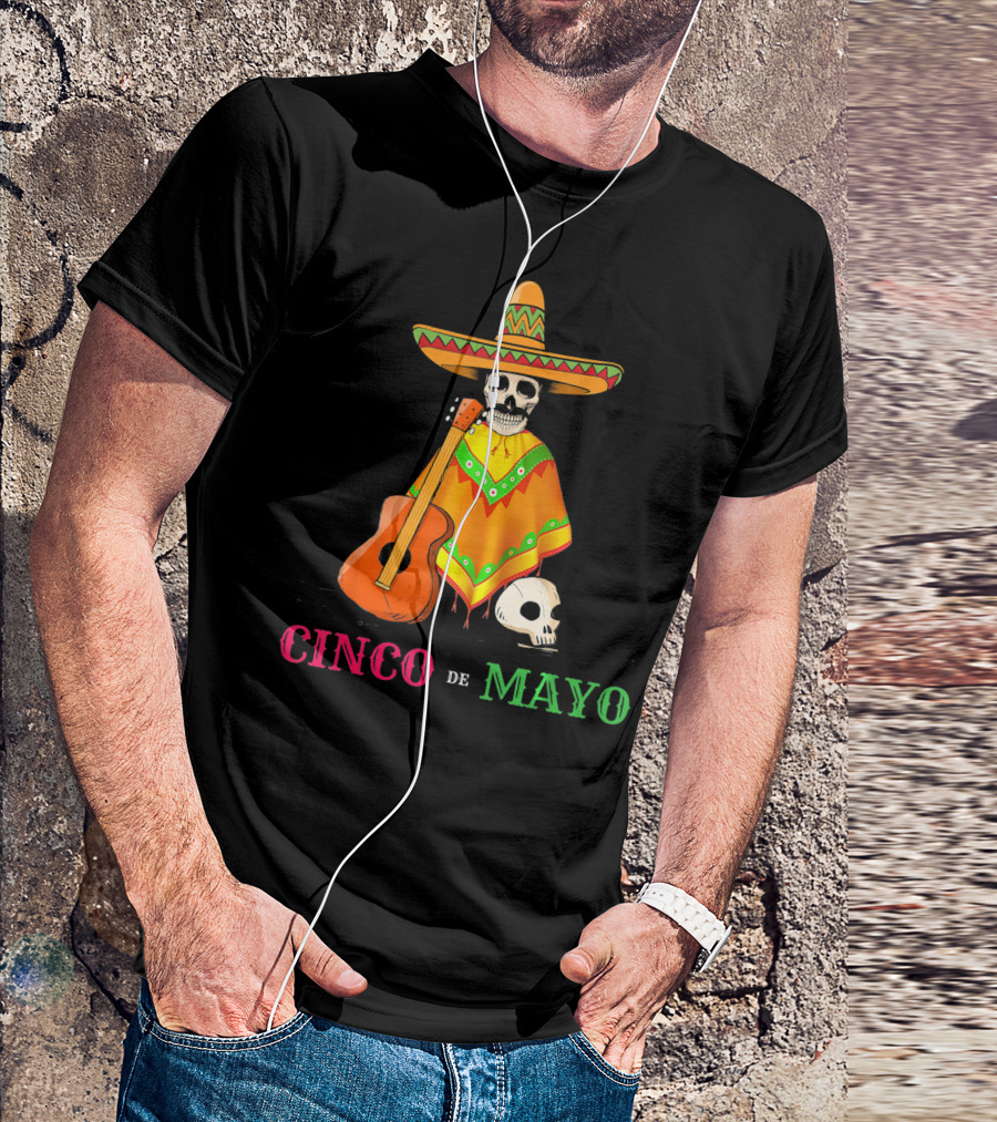 Cinco De Mayo Sombrero Skull Poncho Guitar T-Shirt