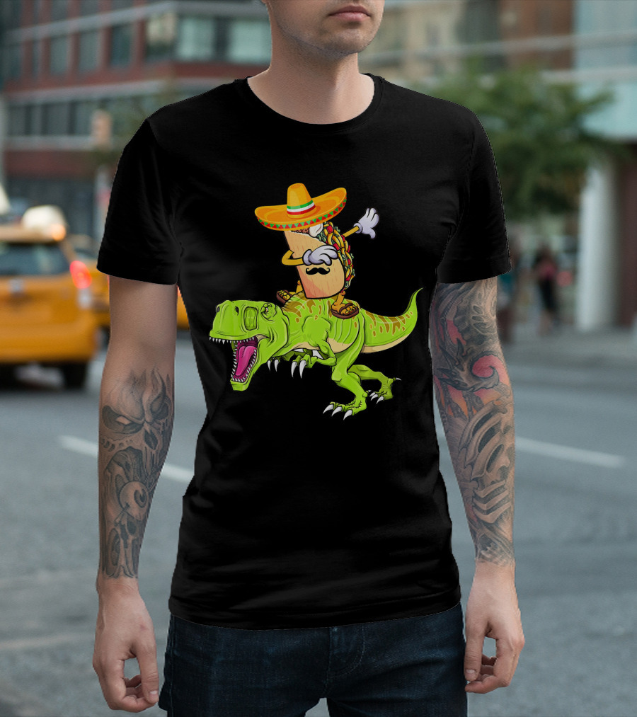 Dabbing Taco Sombrero On T-Rex Dinosaur T-Shirt