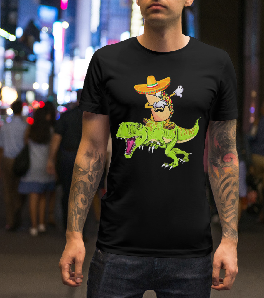 Dabbing Taco Sombrero On T-Rex Dinosaur T-Shirt