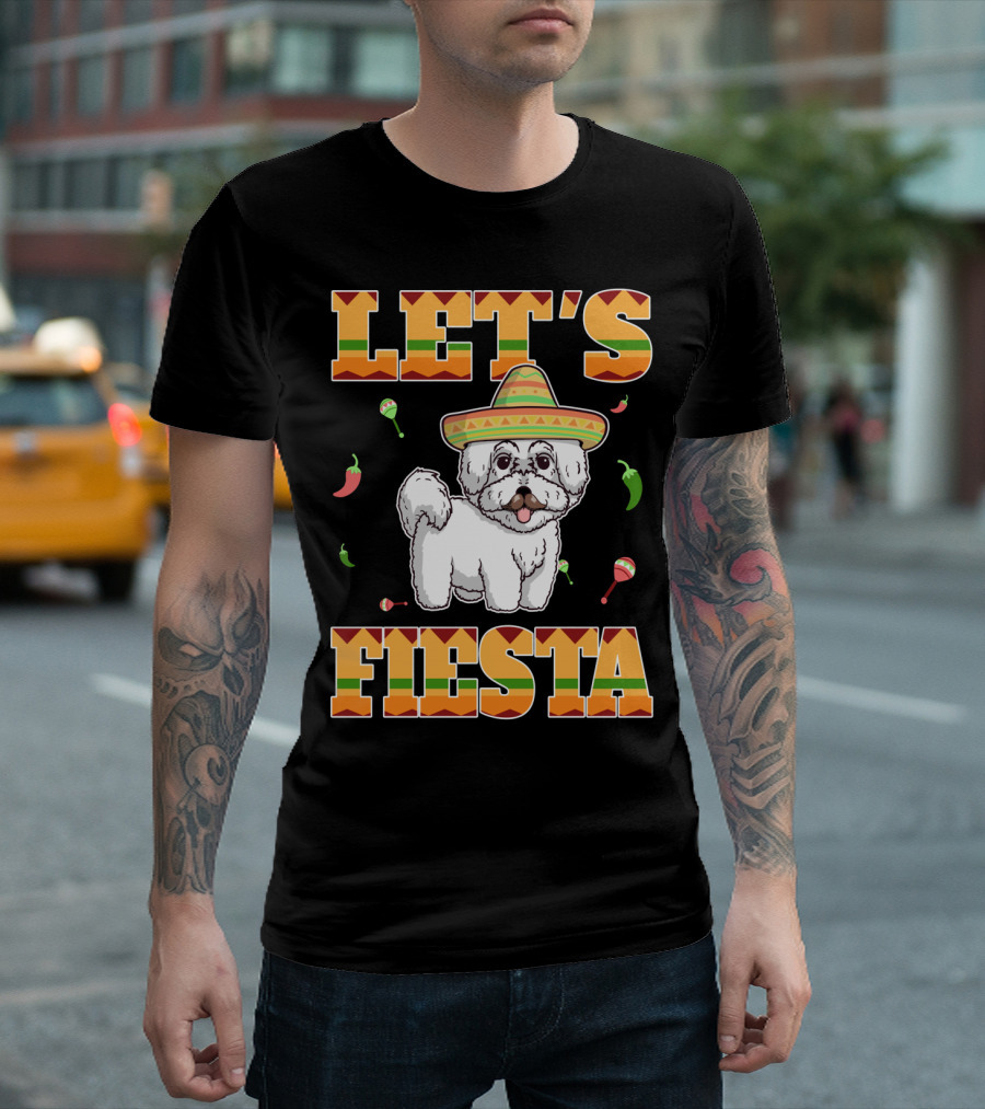 Let's Fiesta Bichon Frise Dog Cinco De Mayo Sombrero Peppers Maracas T-Shirt