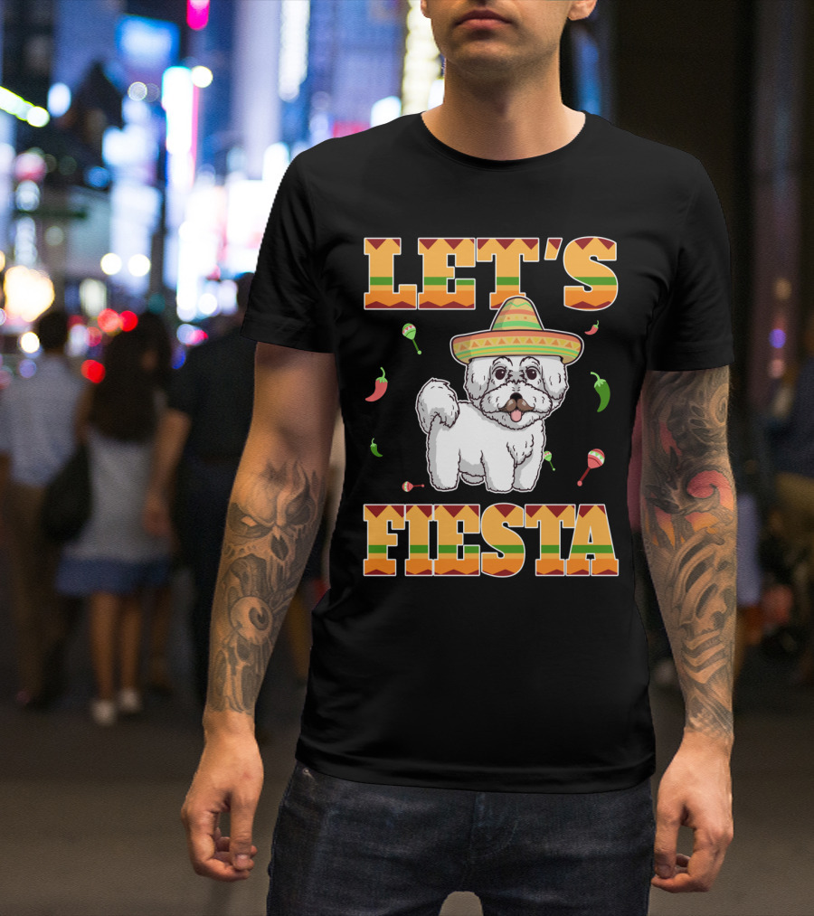 Let's Fiesta Bichon Frise Dog Cinco De Mayo Sombrero Peppers Maracas T-Shirt