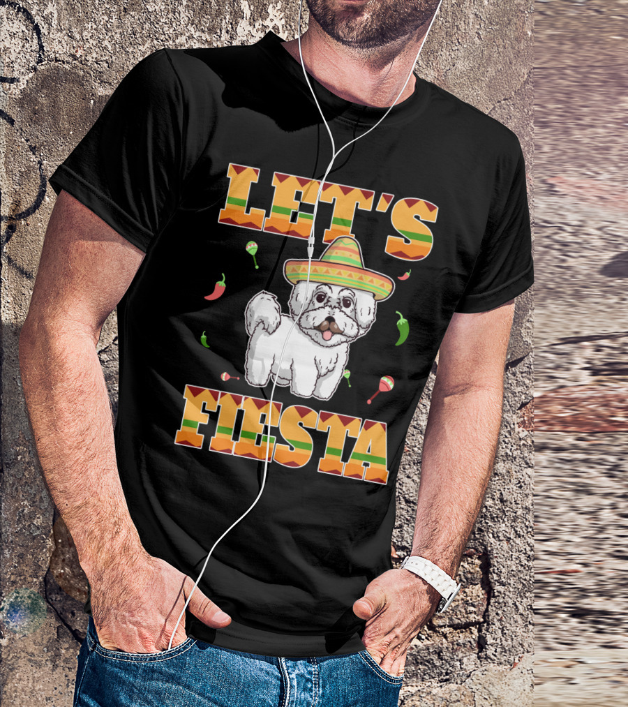 Let's Fiesta Bichon Frise Dog Cinco De Mayo Sombrero Peppers Maracas T-Shirt