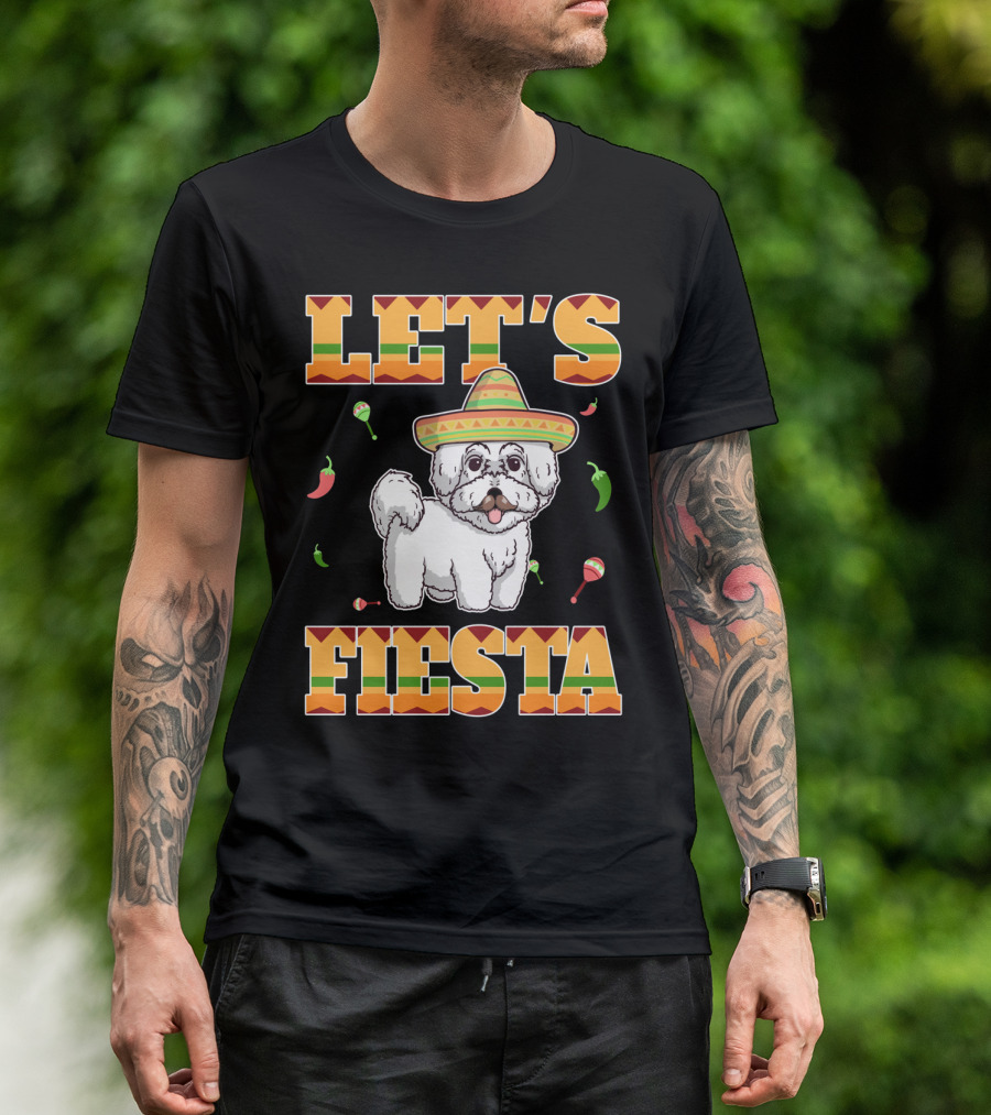 Let's Fiesta Bichon Frise Dog Cinco De Mayo Sombrero Peppers Maracas T-Shirt