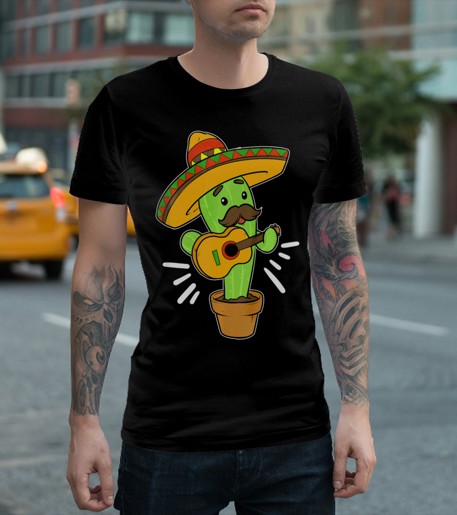 Cinco De Mayo Cactus Playing Guitar with Sombrero T-Shirt