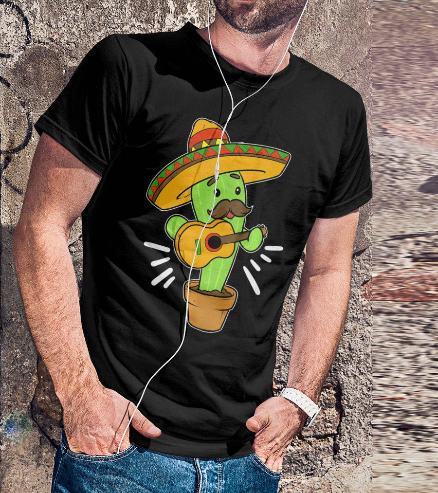 Cinco De Mayo Cactus Playing Guitar With Sombrero T-Shirt
