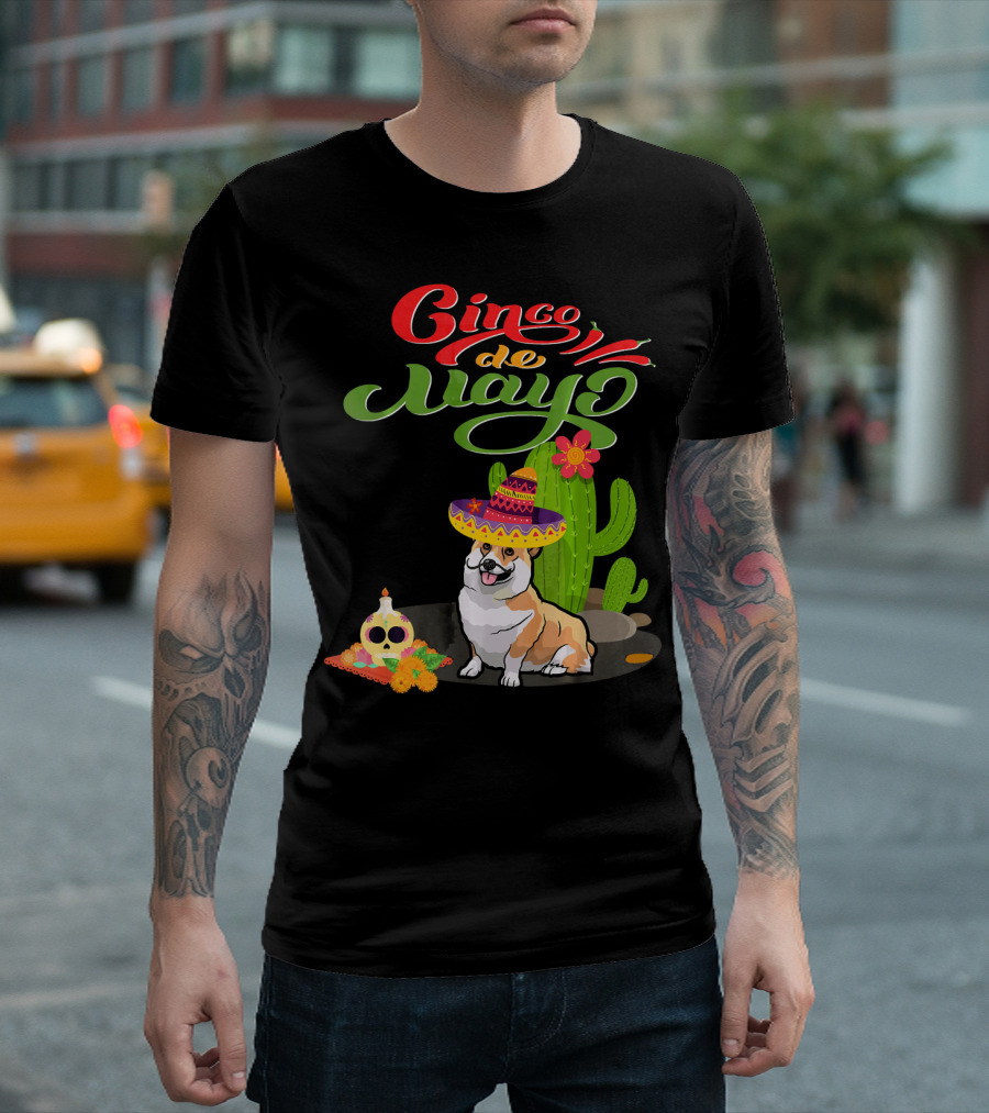 Cinco de Mayo Corgi Dog Fiesta with Sombrero and Cactus T-Shirt