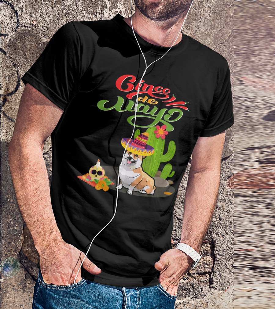 Cinco De Mayo Corgi Dog Fiesta With Sombrero And Cactus T-Shirt