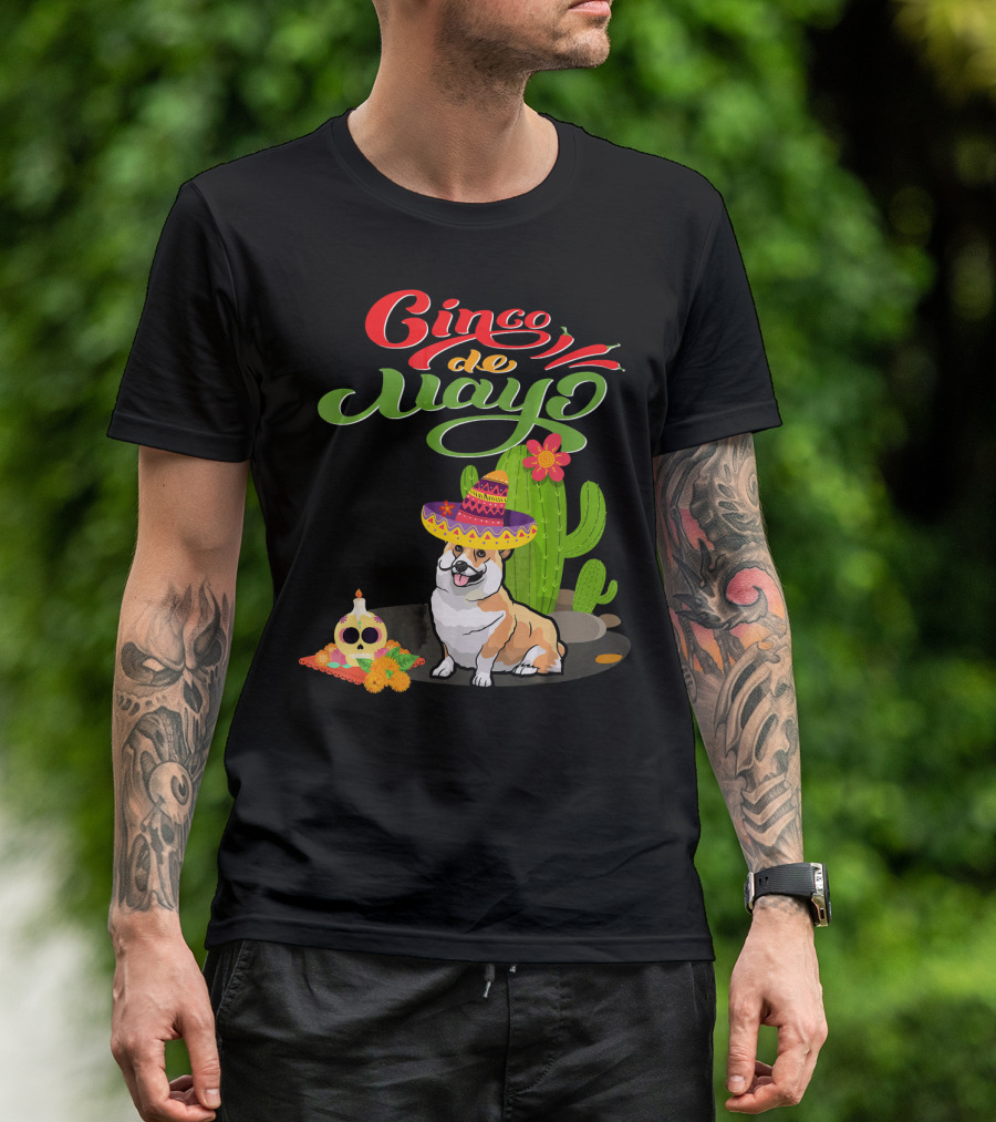 Cinco De Mayo Corgi Dog Fiesta With Sombrero And Cactus T-Shirt