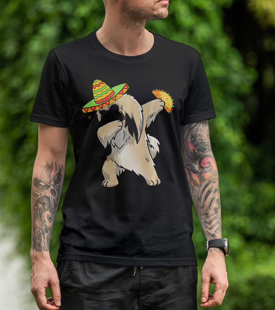 Pekingese Dog Dabbing With Sombrero And Taco For Cinco De Mayo T-Shirt