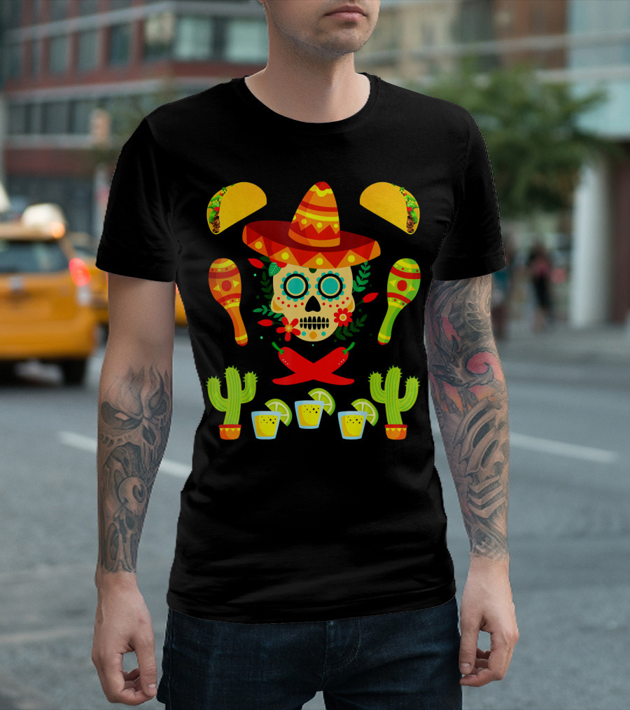 Fiesta Cinco De Mayo Sombrero Cactus Maracas Tacos Skull Peppers Shots Lime T-Shirt
