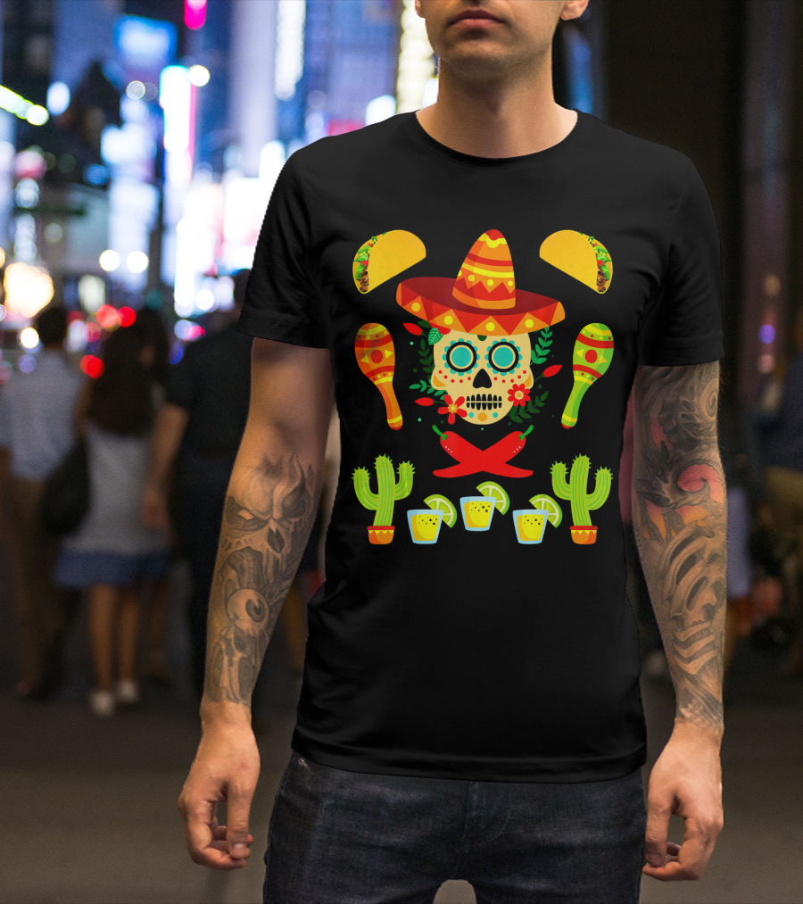 Fiesta Cinco De Mayo Sombrero Cactus Maracas Tacos Skull Peppers Shots Lime T-Shirt