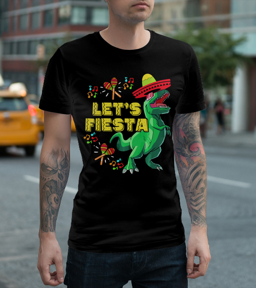 Let's Fiesta Cinco De Mayo Dino Sombrero Maracas Music Notes T-Shirt