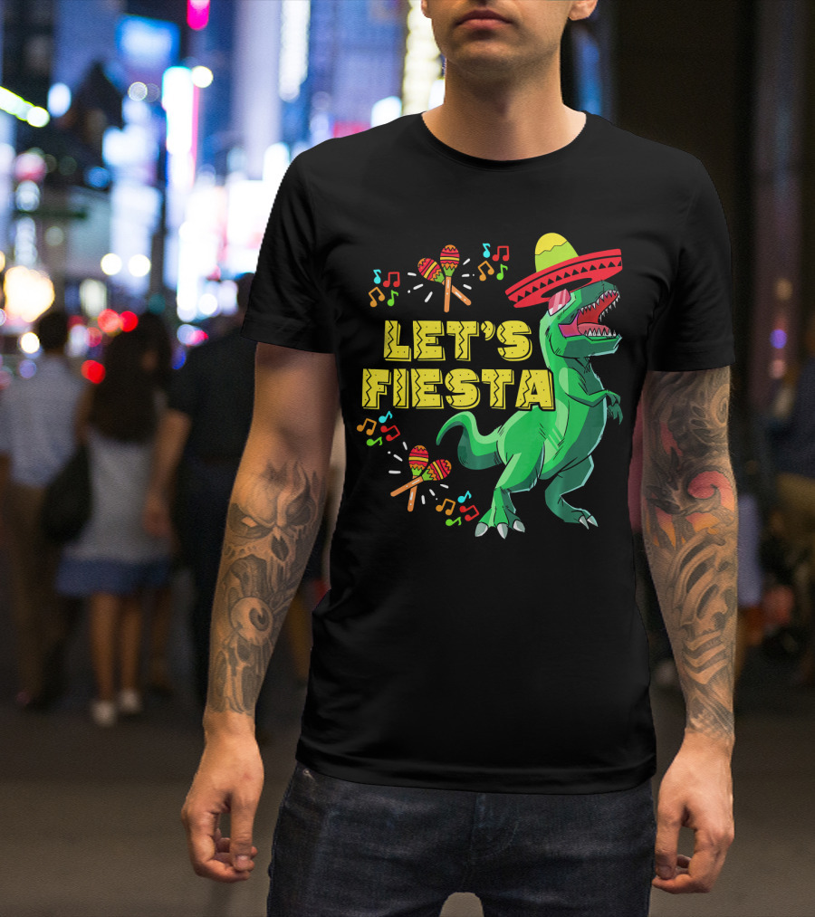 Let's Fiesta Cinco De Mayo Dino Sombrero Maracas Music Notes T-Shirt