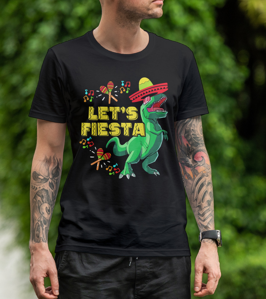 Let's Fiesta Cinco De Mayo Dino Sombrero Maracas Music Notes T-Shirt