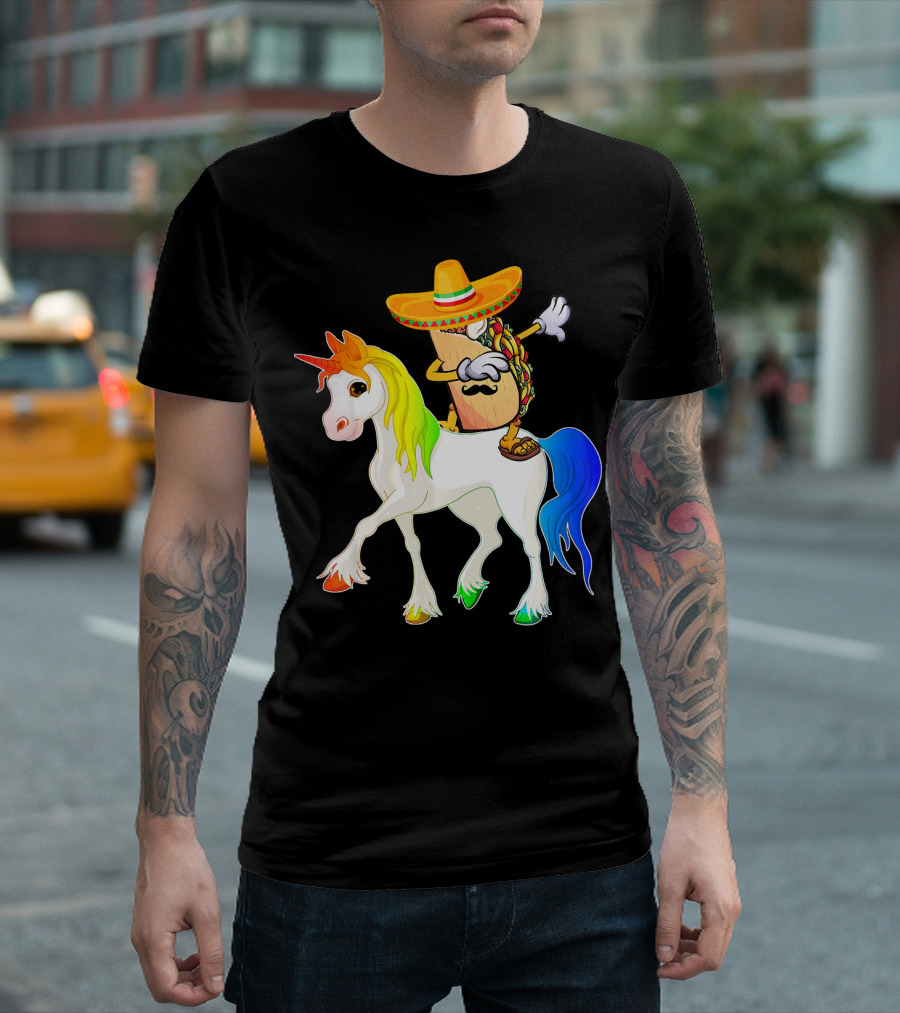 Dabbing Taco Sombrero with Mustache Riding Colorful Unicorn Fun T-Shirt