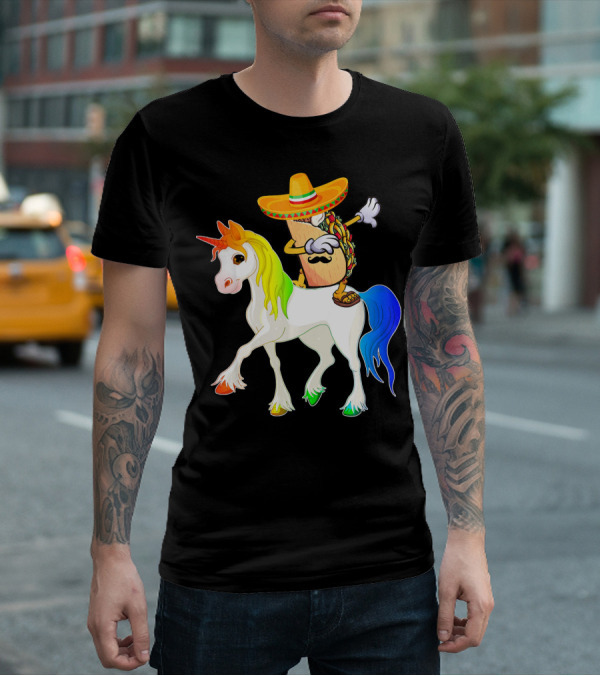 Dabbing Taco Sombrero With Mustache Riding Colorful Unicorn Fun T-Shirt